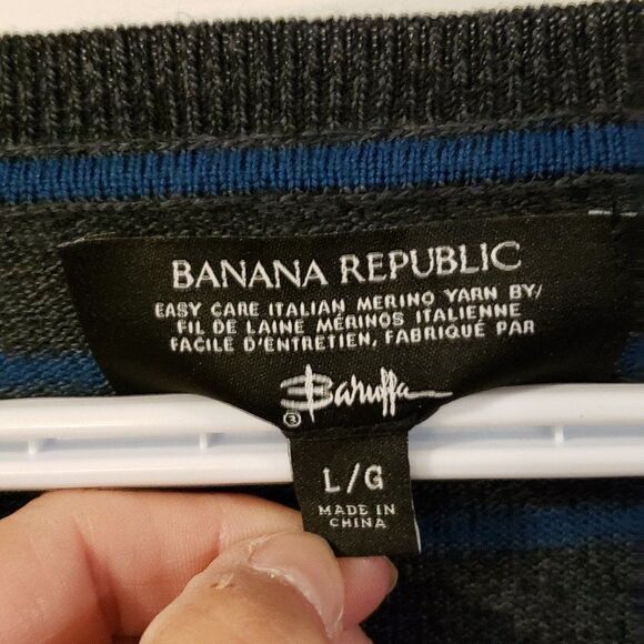 BANANA Rep Men's X-Fine Italian Wool Grey-Blue Stripe V-Neck Sweater - Picture 6 of 8